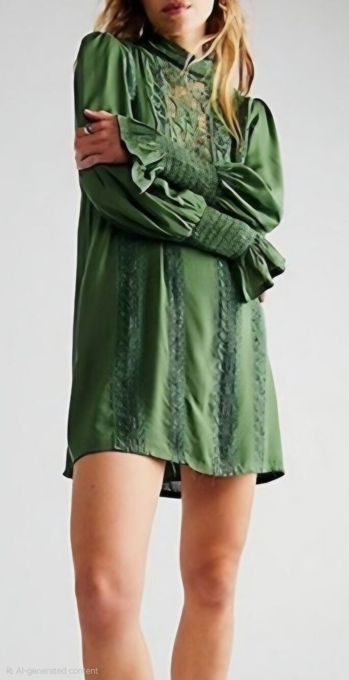 Free People FP One Vienna Mini Dress Green Lace Boho Victorian Smocked Size XS